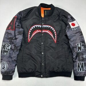 Bape Robert Phillipe Jacket Mens Large BlackCamo Sleeve Shark Varsity Bomber Ape